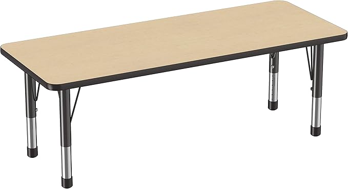 FDP Rectangle Activity School and Classroom Kids Table (24 x 60 inch), Chunky Toddler Legs, Adjustable Height 15-24 inches - Maple Top and Black Edge-Ruum Studio Home