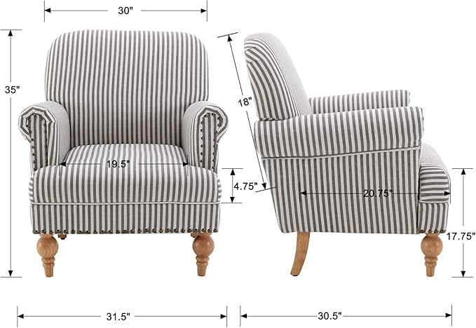 chairus Linen Accent Chair for Living Room Set of 2 Upholstered Mid Century Modern Single Sofa Chair with Solid Wood Legs Comfy Reading Armchair for Bedroom/Office Room/Recption/Lounge, Black Stripe-Ruum Studio Home