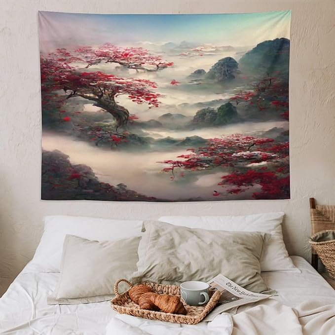 Japanese Tapestry, Red Plum Cherry Blossom Mountain, Nature Landscape, Bedroom & Living Room Decor, 80"x60"-Ruum Studio Home
