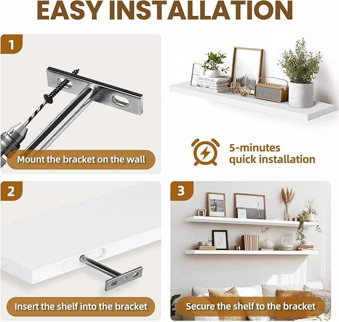 Floating Wall Shelves 2-Pack - 36-Inch Rustic White Wooden Shelves for Storage and Décor, Easy Installation for Living Room, Bedroom, and Kitchen-Ruum Studio Home