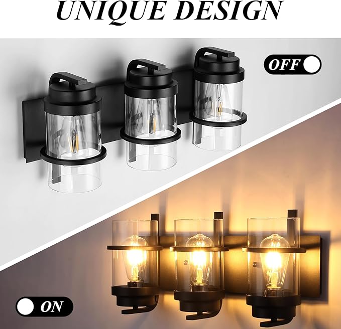 Bathroom Vanity Light Fixtures,Rustic Matte Black Vanity Lights 3 Bulb,Industrial Bathroom Light 3 Pack(Bulbs not Included)-Ruum Studio Home