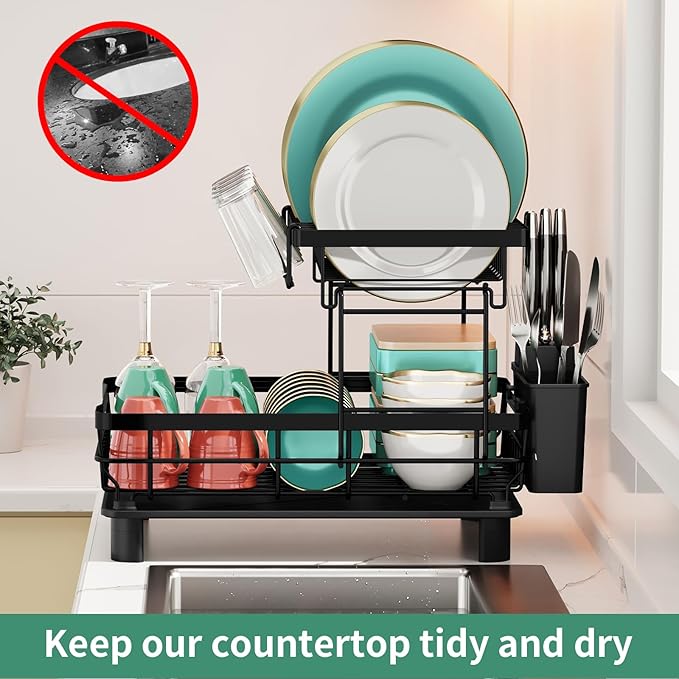 MOUKABAL Dish Drying Rack, 2 Tier Dish Rack, Large Dish Racks for Kitchen Counter, Dish Drainer with Removable Utensil Holder, Drainboard (Black)-Ruum Studio Home