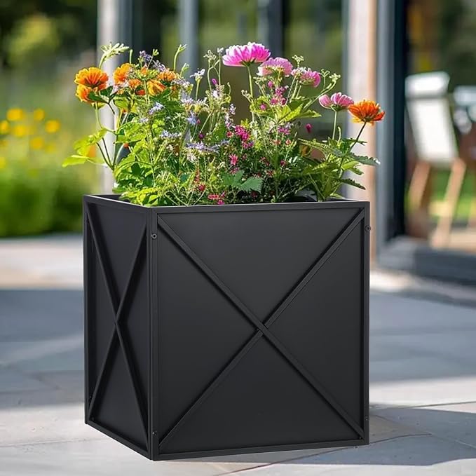 SUNNYPARK Large Metal Planter Box 17”x 17”x 18”, Square Modern Black Metal Planter Box Heavy Duty with Drainage Holes for Outdoor Garden Patio-Ruum Studio Home