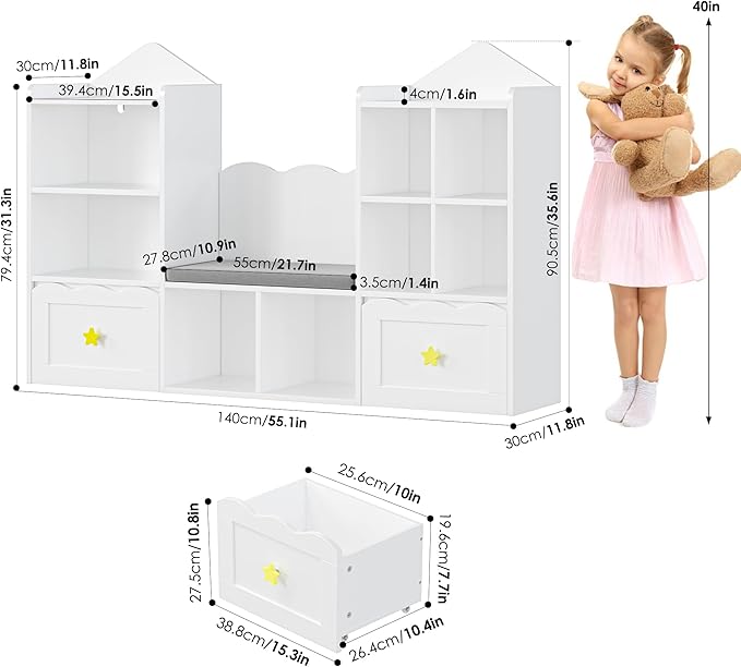 Kids Bookshelf with Reading Nook, Kids Bookcase with Soft Cushion Seat, 2 Wheels Drawers and 8 Storage Cubbies, Toy Storage Organizer for Kid's Room Playroom, Bedroom, School, White-Ruum Studio Home