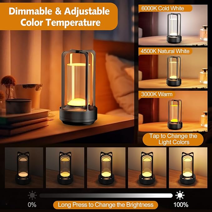 Portable Table Lamp for Outdoor Indoor: Cordless Rechargeable Desk Lamp with 3 Color Stepless Dimmable - Metal Battery Operated Small Lantern Light for Restaurant/Bedroom/Bar/Coffee Shop/Camping-Ruum Studio Home