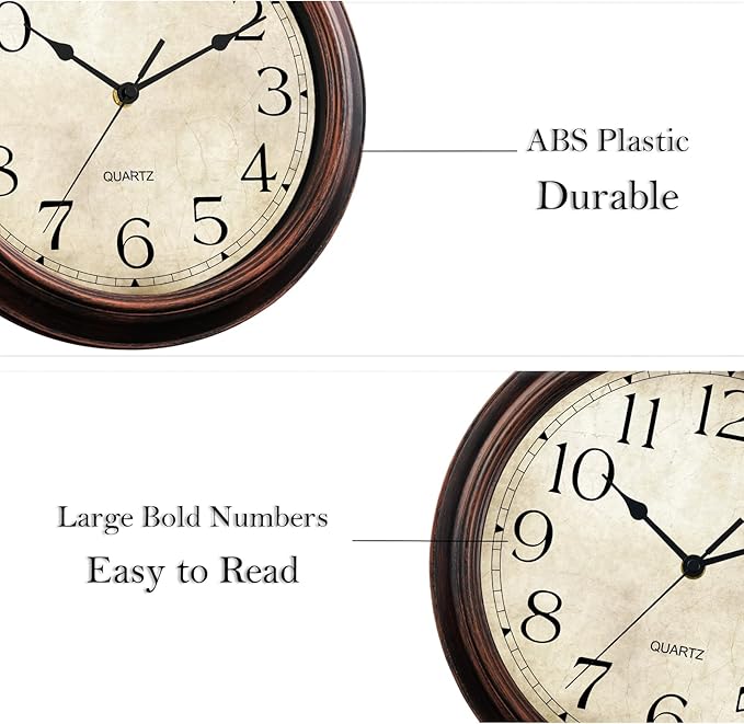 12 Inch Wall Clocks Battery Operated Silent Non-Ticking Analog Wall Clock Vintage Retro Rustic Style Decorative for Living Room Kitchen Home Office(Bronze)-Ruum Studio Home