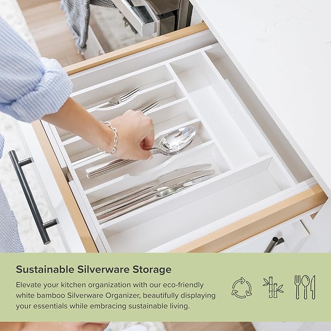 Premium Silverware, Flatware and Utensil Organizer for Kitchen Drawers, Food-Safe Contract Grade, Expandable from 14.5 to 25 In, White Bamboo-Ruum Studio Home