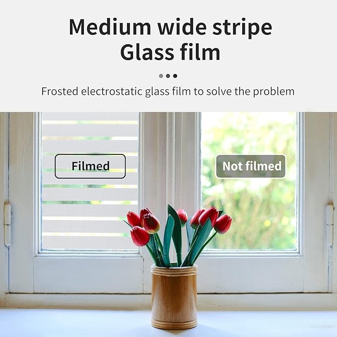 Window Privacy Film with Installation Tools, Stripe Window Film, Static Cling, Anti UV, Heat Control, Ideal for Home Shower Office Glass Door (Stripes Pattern, 45.2X314.9Inch)