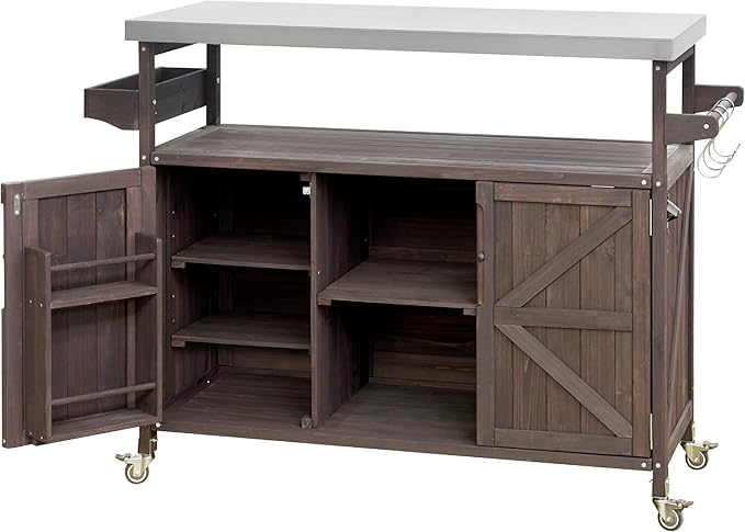Farmhouse Solid Wood Grill Table with Stainless Steel Top, Outdoor Rolling Bar Cart & Storage Cabinet with Spice & Towel Rack, Outdoor Kitchen Island with Internal Storage Rack, Dark Brown-Ruum Studio Home