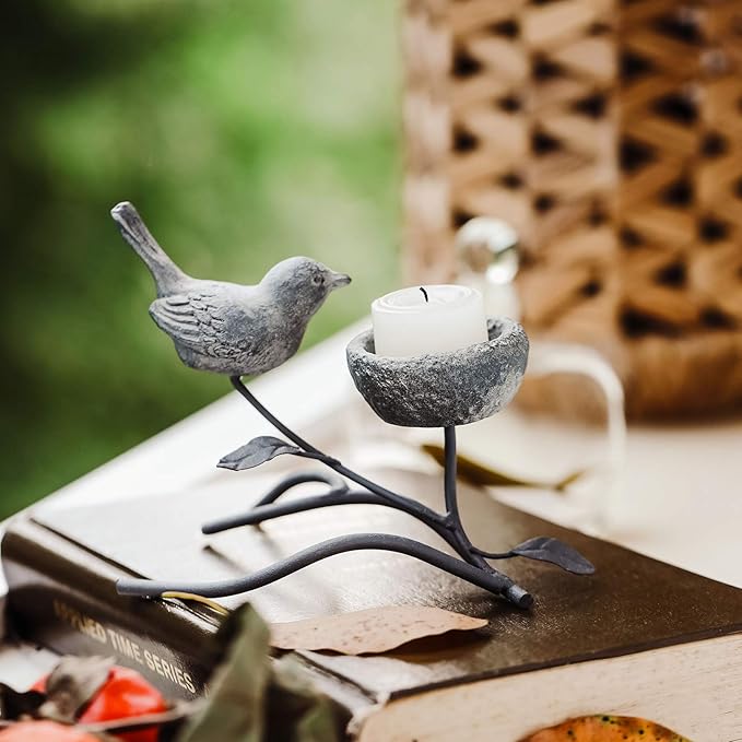 Marbrasse Votive Candle Holders, Vintage Home Decor Centerpiece, Iron Branches, Resin Bird and Nest, Tabletop Decorative TeaLight Candle Stands,Creative Artwork (Grey Black)-Ruum Studio Home