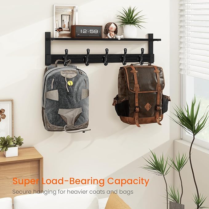 Homode Coat Hanger Wall Mount with Shelf, 29 in Hanging Rack with Storage, Entryway Shelf with Pegs for Hanging Coats, Hats, Towels, Purse, Robes, Black-Ruum Studio Home