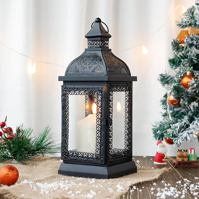 TRIROCKS Rustic Style Metal Candle Lantern 13'' High Decorative Outdoor Lantern Candle Holder with Tempered Glass for Christmas Living Room Garden Patio Parties Indoors Outdoors (Black)-Ruum Studio Home