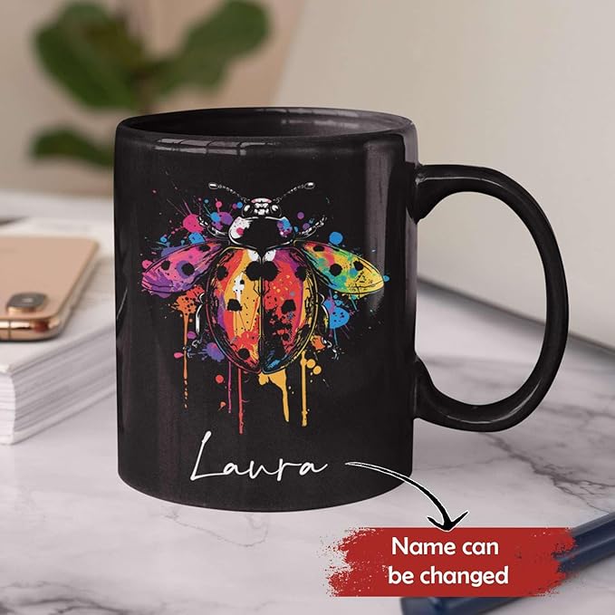 Personalized Choose Name Ladybug Coffee Mug, Colorful Ladybug Animal Design Cup, Customized Ladybug Lover Ceramic Mug, Gift For Christmas, Custom Animal Black Cup 11oz 15oz, Ladybug Mug-Ruum Studio Home