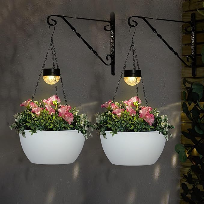 2 Packs Solar Hanging Basket Planters for Plants Outdoor, Self Watering White Flower Plants Pots with Solar Light Drainer for Balcony Patio Garden Outdoor Decoration-Ruum Studio Home