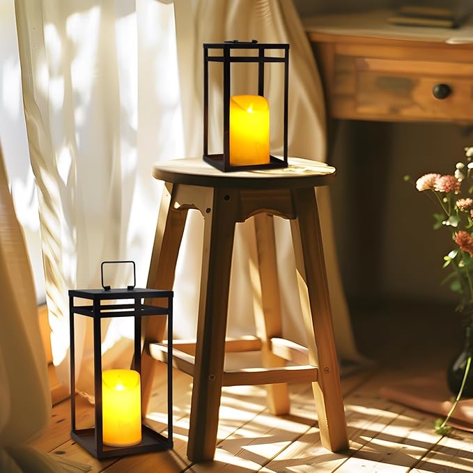 Modern Farmhouse Lantern Decor, 2Pcs Metal Candle Lanterns with Flameless Candles Black Decorative Lantern for Front Porch Covered Patio Dining Table Entryway Table Wedding Home Decor-Ruum Studio Home