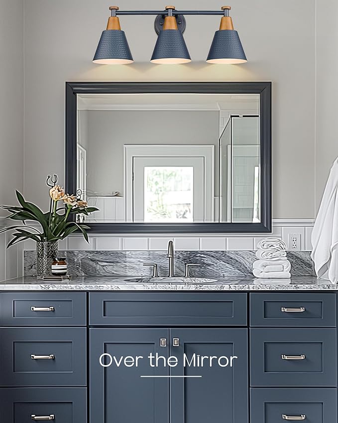 FEMILA Bathroom Vanity Light, 3-Light Modern Bathroom Light Fixture with Hammered Metal Shade Finish, Dark Blue Wall Sconce Lamp Lighting for Bedroom, 4FG59B-3W Blue-Ruum Studio Home