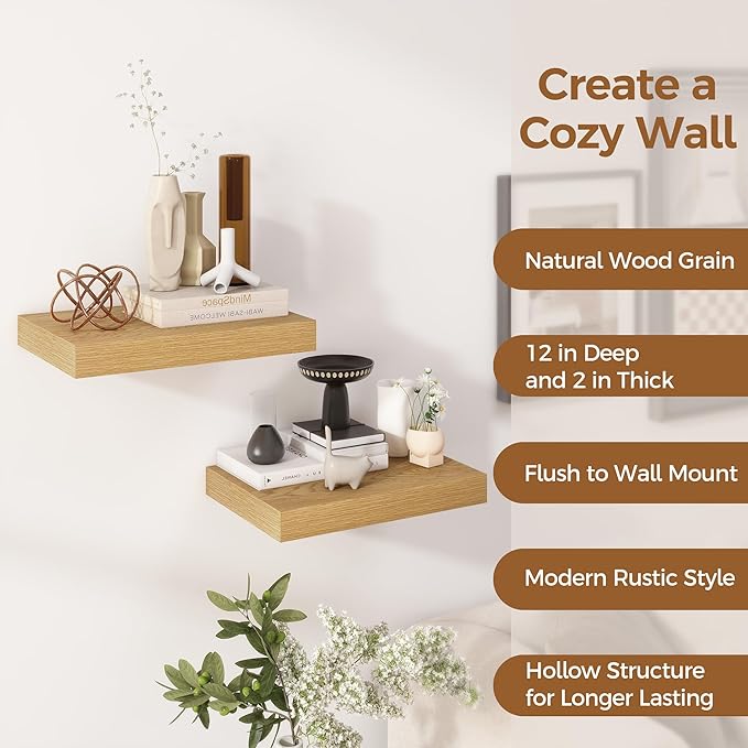 12 Inch Deep Floating Shelves, 16 x 12 Floating Shelf for Books, Rustic Wood Deep Wall Shelves for Home Storage & Display, 2" Thicked Shelves for Kitchen, Living Room, Bedroom, Oak Color, 2 Pack-Ruum Studio Home