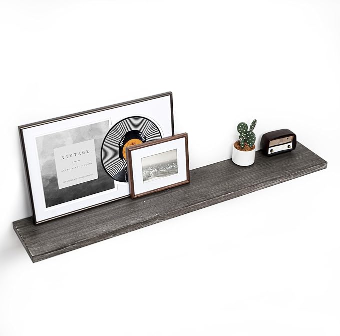 Fun Memories Floating Shelves for Wall, 55"x9.3" Rustic Solid Elm Wood Shelves, Heavy-Duty Wall Mounted Shelves with Invisible Brackets, Set of 2 for Living Room, Bedroom, Kitchen, Grey Finish-Ruum Studio Home