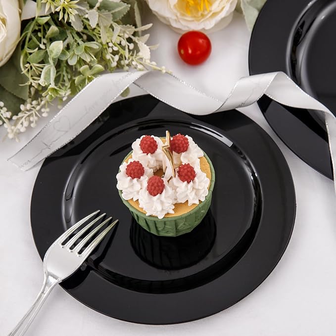 FLOWERCAT 60PCS Black Plastic Plates - Heavy Duty Black Disposable Plates for 30 guests Halloween Party/Wedding/New Year - Include 30PCS 10.25inch Dinner Plates and 30PCS 7.5inch Dessert Plates-Ruum Studio Home