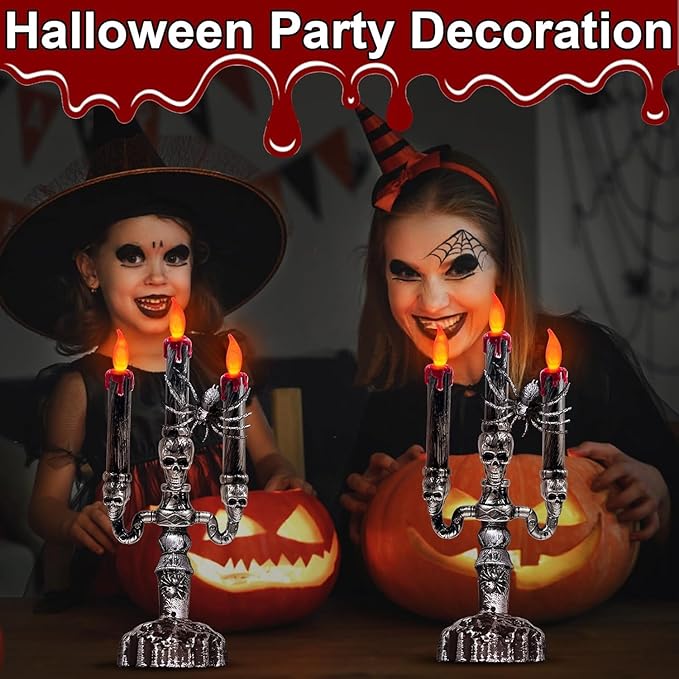 TURNMEON 2 Pack Halloween Candles Halloween Decorations LED Flame Less Candelabra 3-Flickering Lamp Light Up Battery Operated Candles Holder Spider Decor Indoor Table Home Haunted Party-Ruum Studio Home