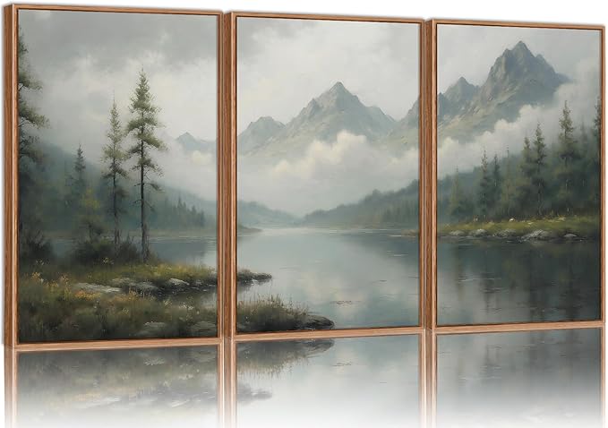 SIGNINART Large Misty Mountain Framed Canvas Wall Art, Green Forest River Scenery Wall Decor, Modern Foggy Wooden Landscape Artwork, Oil Style Nature Art Print for Living Room Bedroom Office 24"x36"x3-Ruum Studio Home