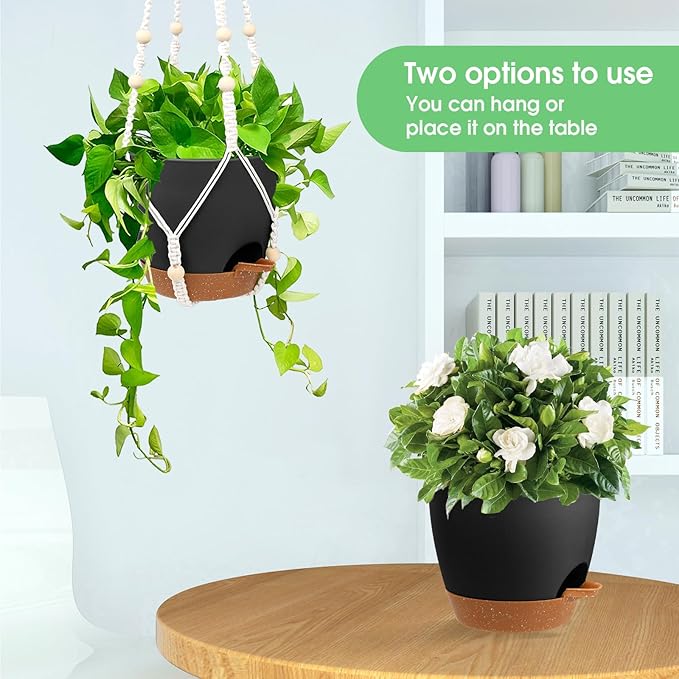 Hanging Planters for Indoor Outdoor Plants, 2 Pack Self Watering Hanging Pots, Hanging Plant Baskets with Drainage Holes & 2 Types of Plant Hangers (Black, 6'')-Ruum Studio Home