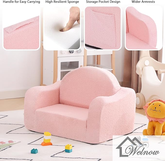Welnow 2-in-1 Kids Sofa Chair, Convertible Toddler Chair Flip Out Children Sofa Chair with Wave Armrests Folding Kids Play Sofa with Side Pockets & Removable Cover Armchair for Girl or Boy-Ruum Studio Home