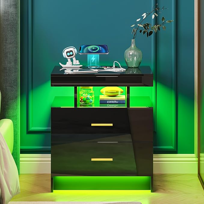 Night Stand with Light, High Gloss Nightstand with USB/Wireless Charging Station, LED Black Nightstands with Storage Drawers, RGB Side End Table for Bedroom Furniture（Black）-Ruum Studio Home