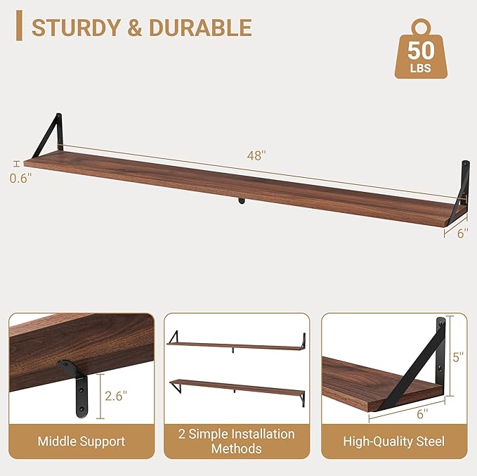 Heimlove 48 Inch Large Wall Bookshelves Set of 3, Wall Mounted Bookshelves,Heavy Duty Wooden Shelves for Living Room,Bedroom,Kitchen,Laundry Room Storage & Decor-Ruum Studio Home