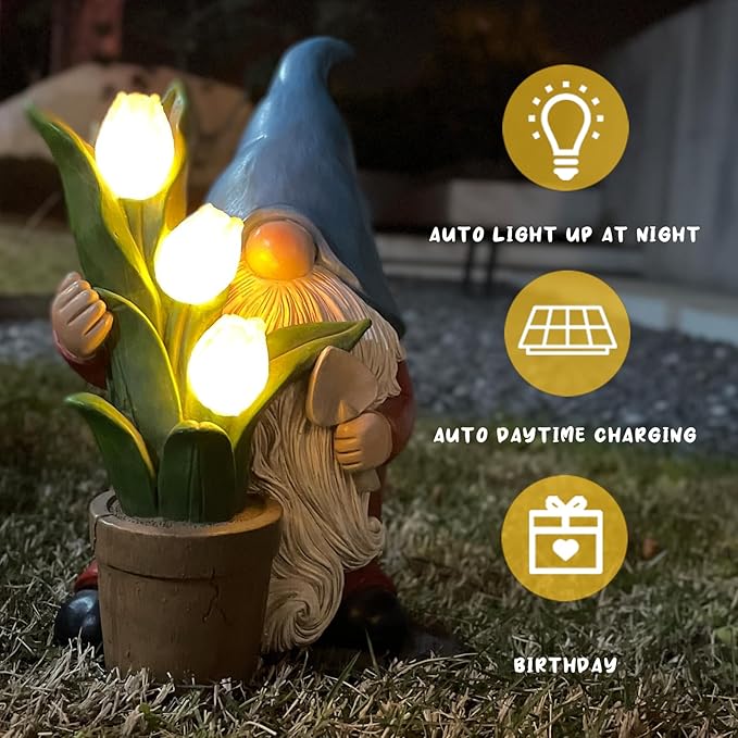 COWOS Garden Gnome Statue, Sculpture of a Dwarf Holding a Shovel and a Flower Pot, Solar Gnome Statues Outdoor Decor, Outside Lawn Patio Yard Ornament Gifts-Ruum Studio Home