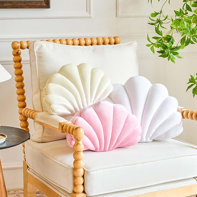 White Seashell Throw Pillows, Shell Shaped Throw Pillows, 18 Inch Soft Velvet Home Decorative Pillow Plush Cushion for Bed Couch Living Sofa Room Decor Accent Throw Pillow-Ruum Studio Home