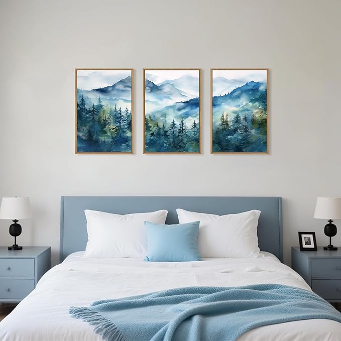 Celestdeco Blue Ridge Mountains Forest Framed Canvas Wall Art Set, Natural Landscape Wall Decor, Green Pine Trees Wall Painting, Woodland Artworks for Living Room, Bedroom, Dining Room - 24"x36"x3-Ruum Studio Home