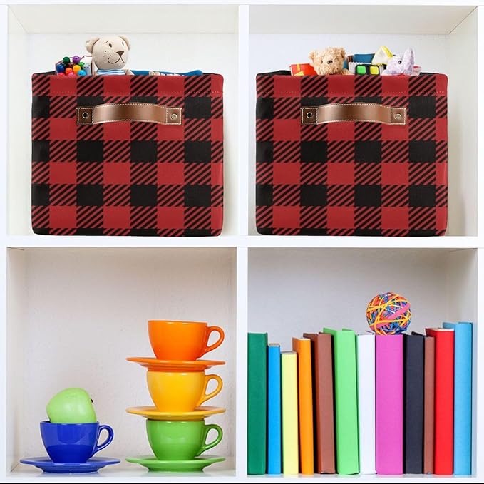 Red and Black Buffalo Plaid Storage Basket Cube Storage Bins Organizer Bag Collapsible Closet Shelf Baskets with handle for Baby Cloth Pet Toy Book 14.2×10.2×8.3 IN-Ruum Studio Home