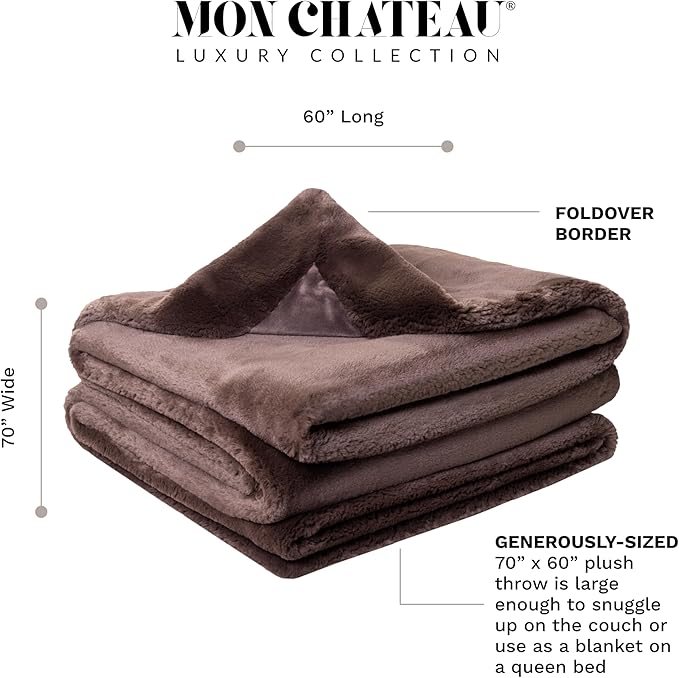 Mon Chateau Luxury Ultimate Plush Faux Fur Throw with 6cm Foldover for Couch, Sofa, or Bed - Plush Ultra Soft Blanket for Sleeping or Home Décor, 60" x 70" (Foldover Brown)-Ruum Studio Home