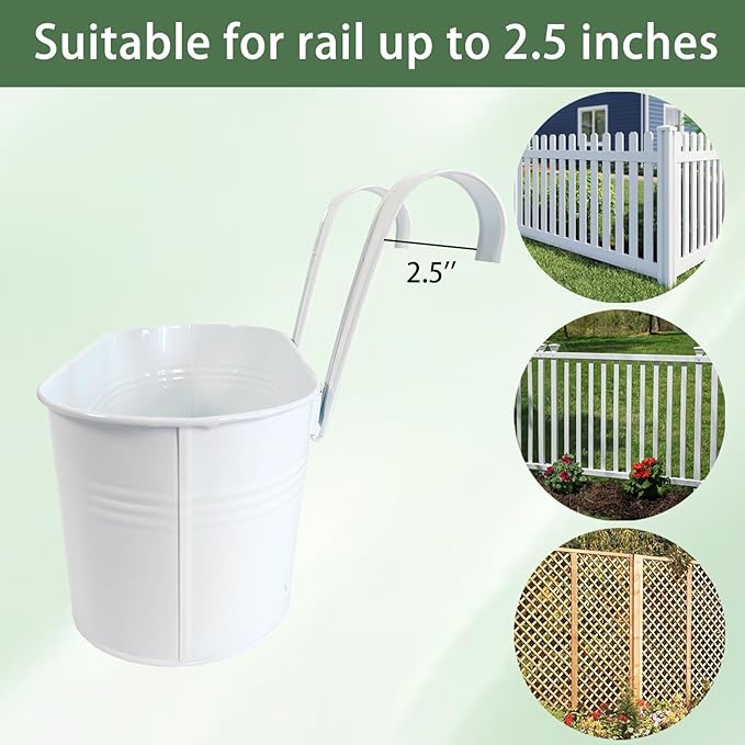 10" Hanging Flower Pots, Pack of 6 White Metal Outdoor Patio Balcony Planter, Railing Planters Fence Pot with Detachable Hook & Drainage Hole for Small Plants (White, 6Pcs)-Ruum Studio Home