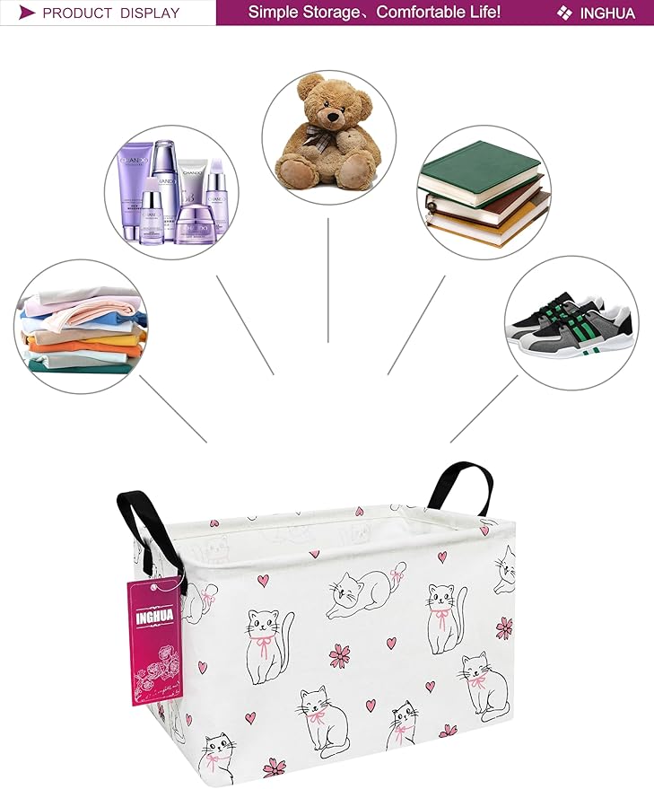 Rectangular Storage Basket Fabric Organizer Bin for Toys,Books,Clothes,Gifts,Pets-Perfect for Home,Office,Nursery,Dorm,Shelf(Rec-Love cat )-Ruum Studio Home