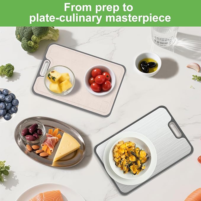 2IN1 Titanium Cutting Boards for Kitchen,Metal Cutting Boards With Pure Titanium and Wheat Straw PP,Double Sided Chopping Board with Juice Groove Dishwasher Safe Easy to Clean Non Toxic 15"X10"-Ruum Studio Home