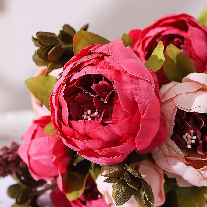 Duovlo Fake Flowers Vintage Artificial Peony Silk Flowers Wedding Home Decoration,Pack of 1 (Dark Pink)-Ruum Studio Home