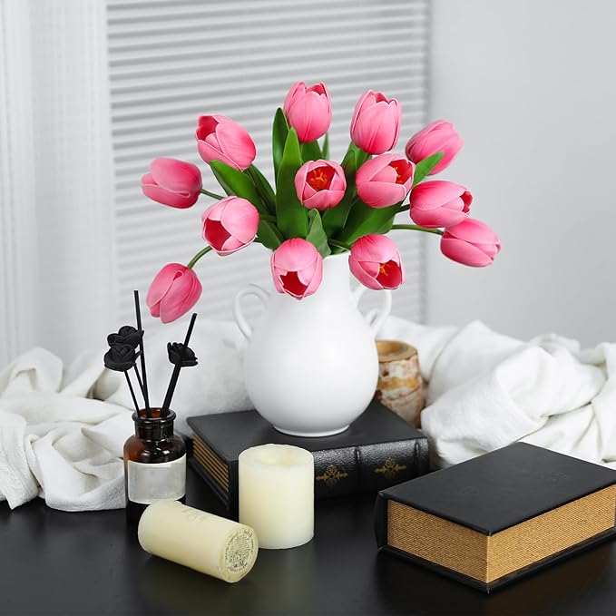 Pink Artificial Tulips, 2 Bundles 14Pcs, Fake Tulips Artificial Flowers, 2 x 2.4 Inch Large Flower Head Big Tulip, Easter Valentine's Day Mother's Day Home Decoration Flowers-Ruum Studio Home