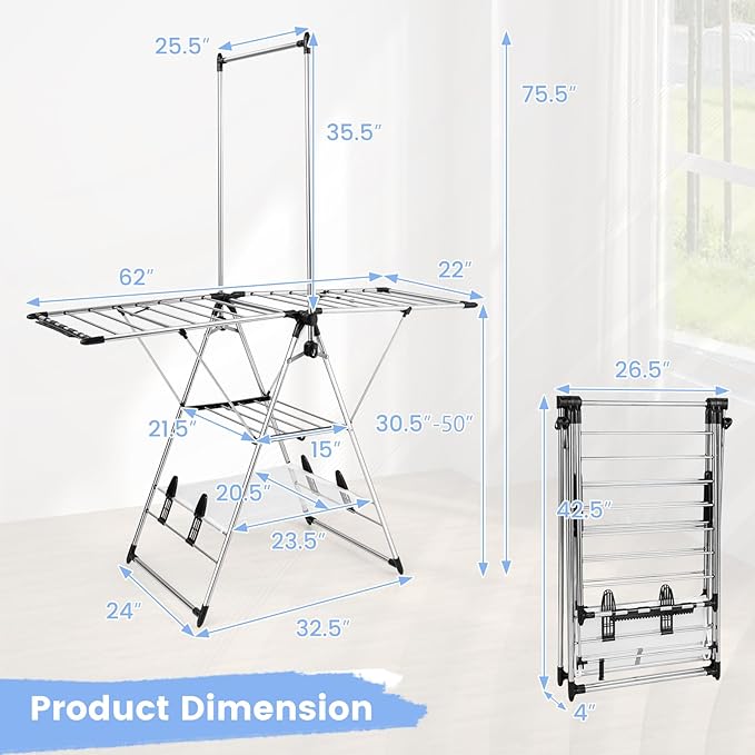 Giantex Clothes Drying Rack, Foldable Laundry Drying Rack with with 6-Level Adjustable Height, High Hanger Design, Side Clips, Space Saving Collapsible Laundry Drying Rack-Ruum Studio Home
