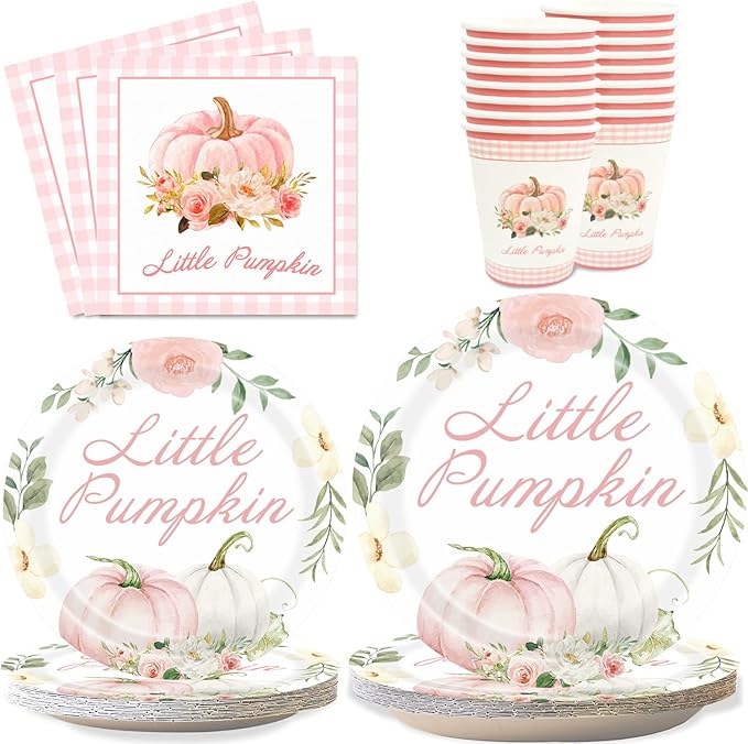 Aukolass Pumpkin Party Supplies Tableware Set - Fall Theme Party Decorations Including Plates, Napkins and Cups for Pumpkin Birthday and Baby Shower Party, Serves 24 Guests (pink)-Ruum Studio Home