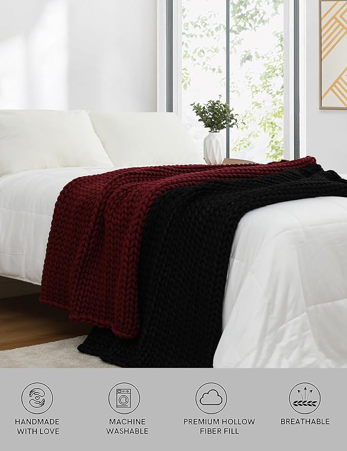 YnM Chunky Throw Blanket, Medium-Weight, Hand Knitted, Skin Friendly, Ventilated and Breathable, Machine Washable, Home Décor Piece for Couch, Sofa and Bed (Black, 60x80 Inch)-Ruum Studio Home