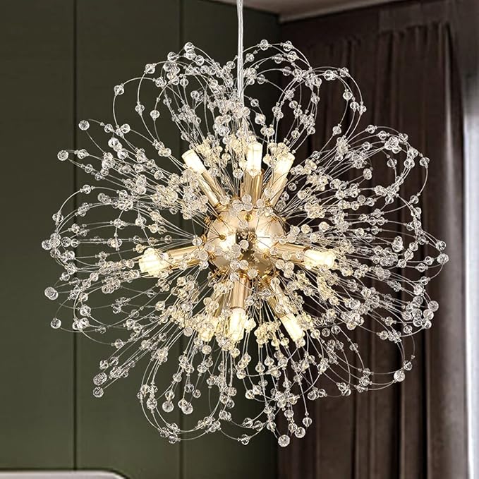 Modern Sputnik Chandeliers for Dining Room, Gold Dandelion Ceiling Hanging Lamp, Round Crystal Beaded Pendant Lights for Bedroom Living Room Farmhouse Kitchen Island (Gold 9Lights)-Ruum Studio Home
