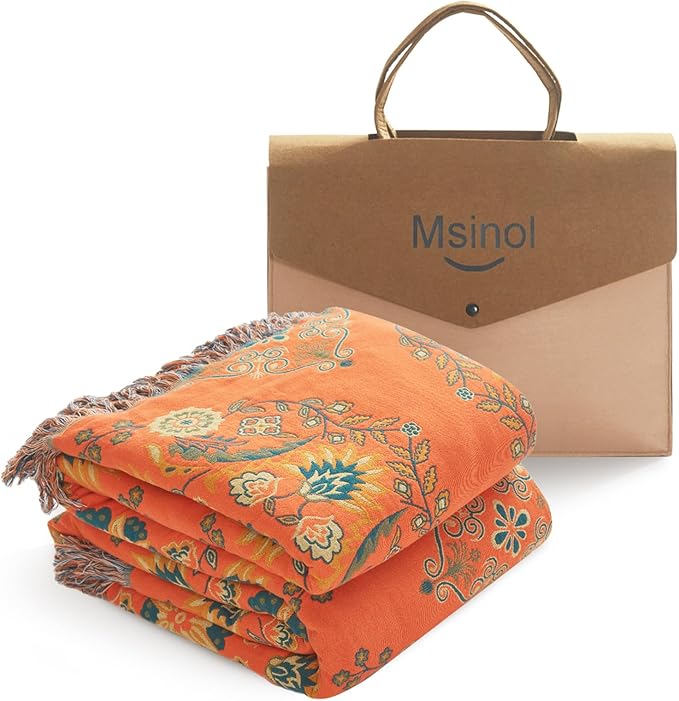 Colorful Throw Blanket 80"x90" Pure Cotton Luxury Throw Rustic Quilt Floral Pattern Home Decor Orange Blanket Lightweight Picnic Blanket(80"x90",04-Garland)-Ruum Studio Home