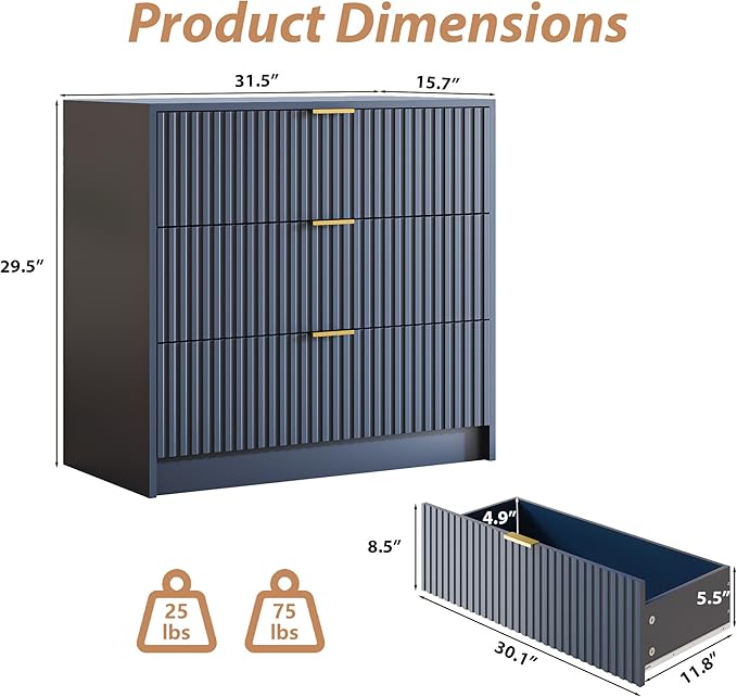 Fluted Dresser for Bedroom, 32 Inch Wide Nightstand with Large Drawer, 3 Drawer End Table for Bedroom, Living Rooms, Offices, and Entryways, Navy Blue-Ruum Studio Home
