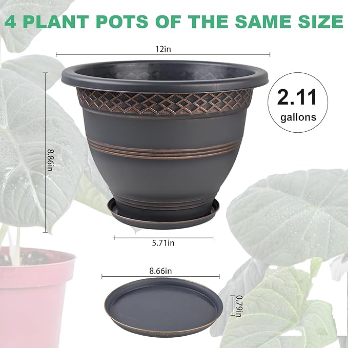 4 Pack 12 Inch Large Plant Pots, Plastic Flower Pot for Indoor & Outdoor with Drainage Holes & Saucer, Plaid Pattern Planters Garden Pots for Herbs Bronze-Ruum Studio Home