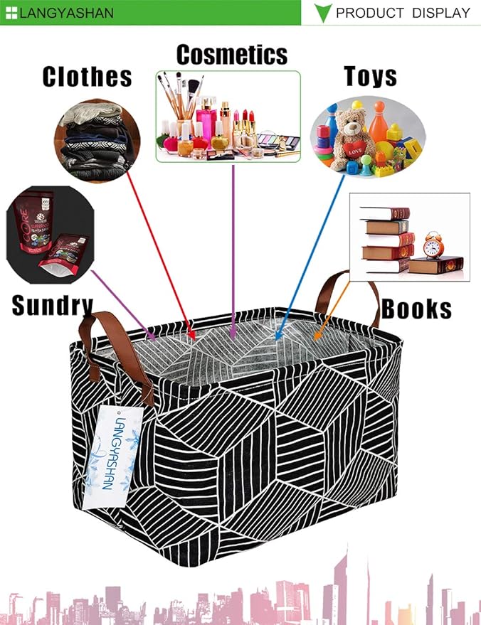 LANGYASHAN Rectangular Storage Bin Collapse Canvas Fabric Cartoon Storage Basket with Handles for Organizing Home Kitchen Boys and Girls Toys Office Closet Shelf Baskets (Black Diamond)-Ruum Studio Home