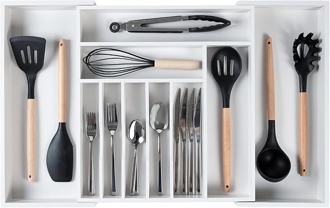 Premium Silverware, Flatware and Utensil Organizer for Kitchen Drawers, Food-Safe Contract Grade, Expandable from 16 to 28 In, White Bamboo-Ruum Studio Home