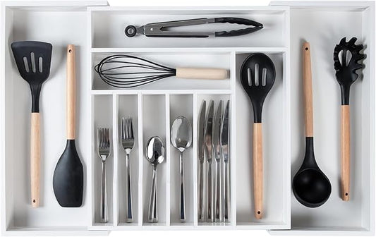 Premium Silverware, Flatware and Utensil Organizer for Kitchen Drawers, Food-Safe Contract Grade, Expandable from 16 to 28 In, White Bamboo-Ruum Studio Home