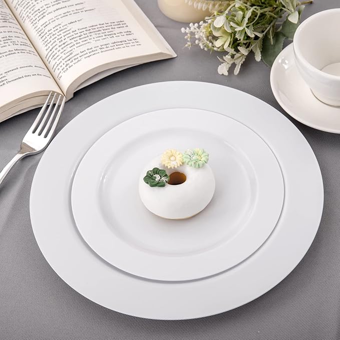 FLOWERCAT 60PCS White Plastic Plates - Heavy Duty White Disposable Plates for Birthday Party/Wedding -serve for 30 guests Include 30PCS 10.25" Dinner Plates & 30PCS 7.5" Dessert Plates for Party-Ruum Studio Home